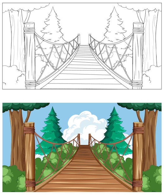 De illustratie van de houten brug oversteken