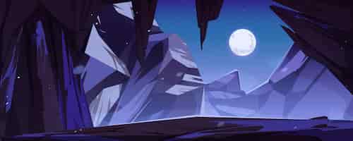 Gratis vector de ingang van de berggrot met landschap nacht landschapsmening van hoge rotspieken onder de sterrenhemel met volle maan tunnel of grotstenen en stalactieten natuurlijke achtergrond cartoon vectorillustratie
