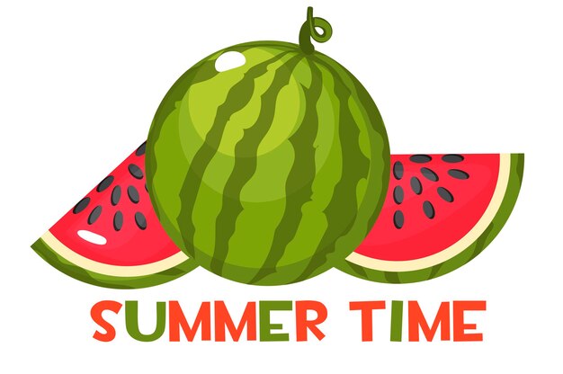 De inscriptie zomertijd en sappige rijpe watermeloen. Geheel en plakjes zoete rode watermeloen.
