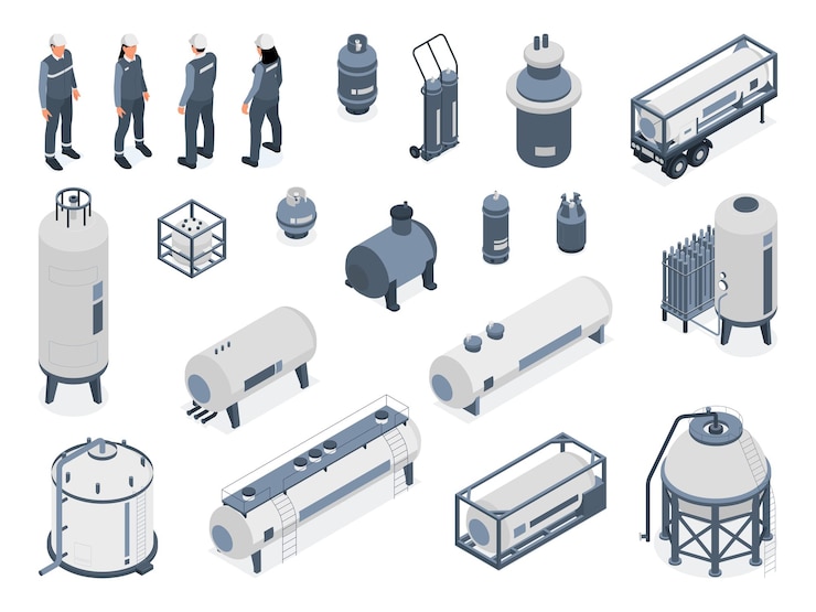 Gratis Vector de isometrische reeks van samengeperste gasmensen geïsoleerde pictogrammen met industriële opslagtanks en karakters van arbeiders vectorillustratie