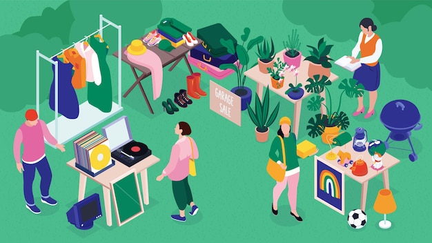 De isometrische samenstelling van de garageverkoop met mensen die planten kiezen die schoenen vinyl platen speelgoed en andere goederen kleden in tuin vectorillustratie