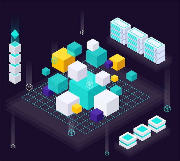 Gratis vector de isometrische samenstelling van de gegevenseconomie met veel kleurrijke kubussen van verschillende grootte met serverracks schetst vectorillustratie