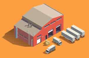 Gratis vector de isometrische samenstelling van industriële gebouwen met stoffenopslagloods en reeks vrachtwagens met containers en dozen