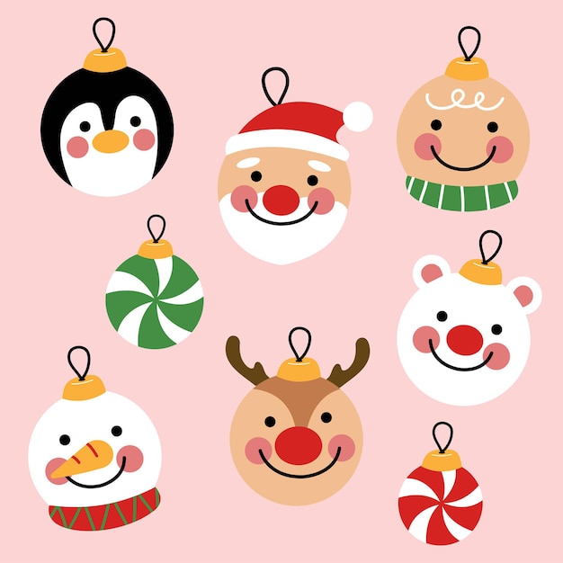De items van het kerstelement om op Kerstmis te hangen met het gezicht van de kerstman, rendieren, ijsbeer, sneeuwpop, penquin, peperkoek en zoete snoep in cartoon design, vectorillustratie