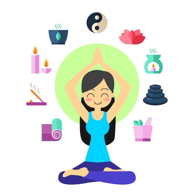 Gratis vector de jonge vrouw het praktizeren yoga in lotusbloem stelt.