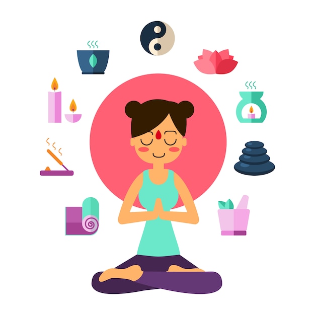 Gratis vector de jonge vrouw het praktizeren yoga in lotusbloem stelt.