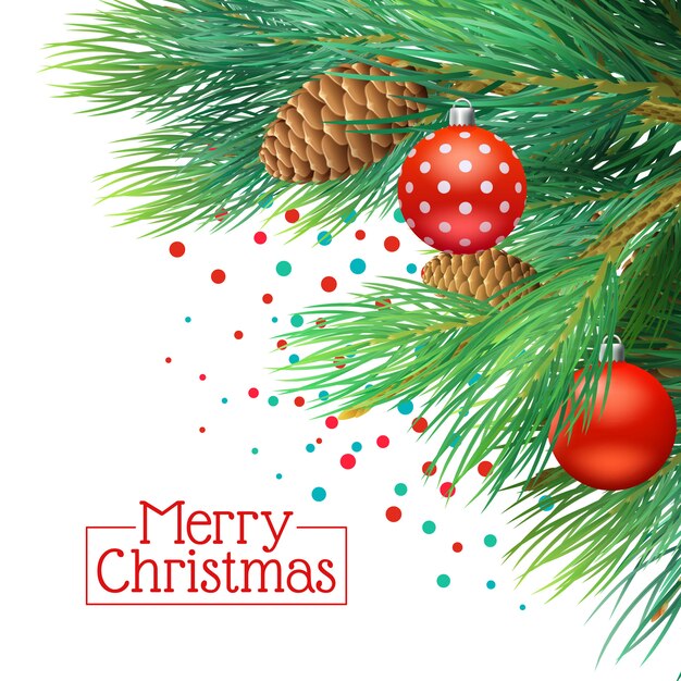 De kerstboom vertakt zich realistische achtergrond met kegels en boomdecoratie vectorillustratie