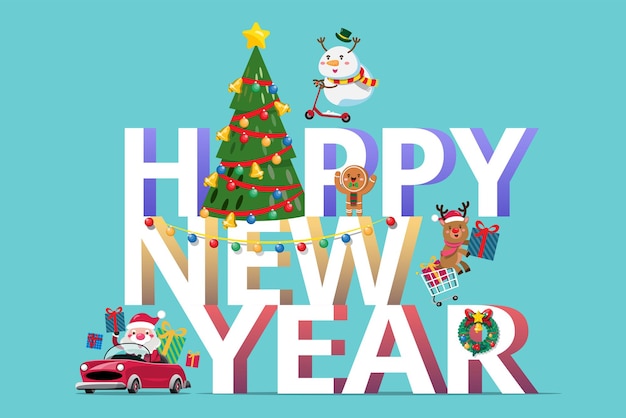 De kerstman en het rendier rijden in een auto om kerstcadeautjes naar kinderen over de hele wereld te sturen. Merry Christmas-uitsparingselement voor kerstkaarten, uitnodigingen en decoratie voor websitevieringen