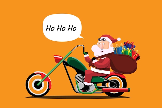 De kerstman rijdt op een motorfiets om kerstcadeautjes te bezorgen aan kinderen over de hele wereld