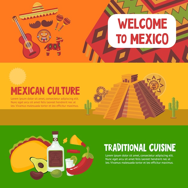 Gratis vector de kleurrijke horizontale banners van mexico met culturele traditionele mexicaanse keuken