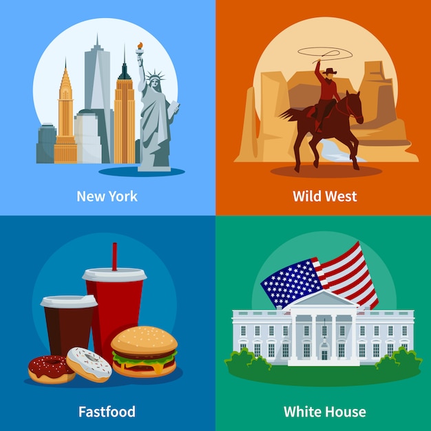 De kleurrijke vlakke die pictogrammen van de vs 2x2 met het wilde westen witte huis van new york en amerikaans snel voedsel worden geplaatst