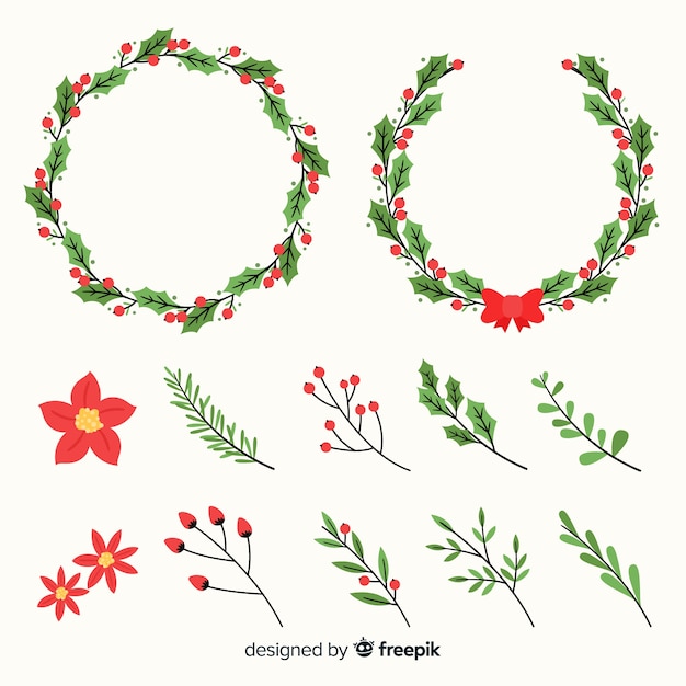 Gratis vector de kroon van kerstmis met winter bloemen instellen