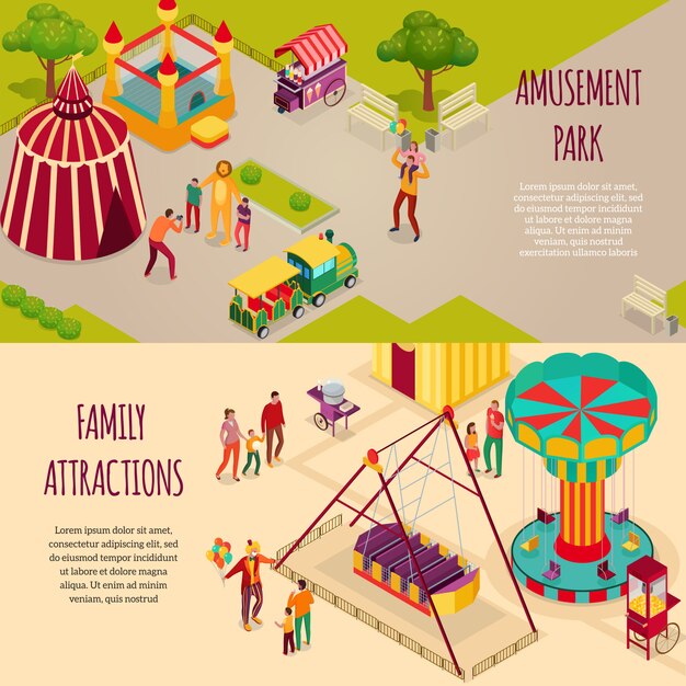 De kunstenaars van het pretparkcircus en reeks van familieattracties horizontale isometrische banners geïsoleerde illustratie