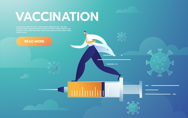 Gratis vector de mannelijke arts vertegenwoordigt injectiebehandeling die met vaccinspuit vliegt