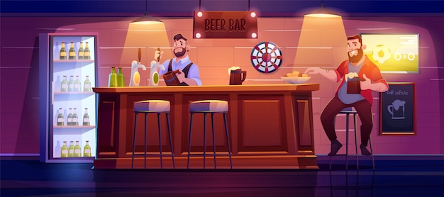 De mens in bierbar zit op hoge kruk bij houten bureau
