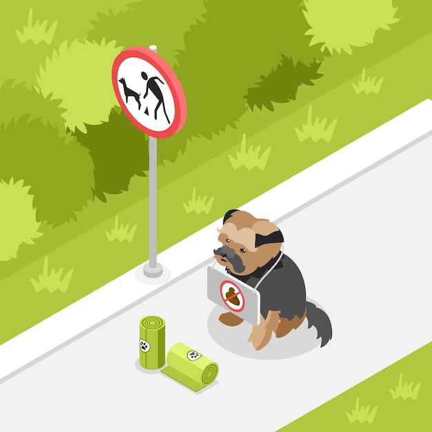 Gratis vector de mensen maken na honden isometrische samenstelling met puppyzitting in park schoon zonder de vectorillustratie van het kakteken