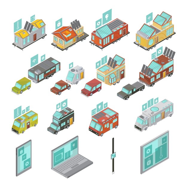 De mobiele huizen isometrische reeks met inbegrip van elektronische apparatenbestelwagens en huizenaanhangwagens met technologieënpictogrammen isoleerde vectorillustratie