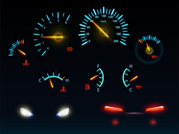 Gratis vector de moderne indicatoren die van het autodashboard in duisternis blauwe en oranje lichte schalen en pijlen gloeien, automobiele voor en achterkoplampen realistische vector geplaatste illustraties