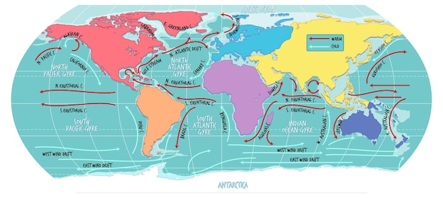 De oceaanstroom wereldkaart met namen