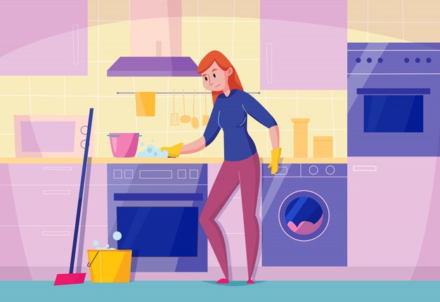 De onderhouds vlakke samenstelling van het keukenonderhoud met bovenkant van het vrouwen de schoonmakende fornuis met de ovenillustratie van de spons modieuze afwasmachine