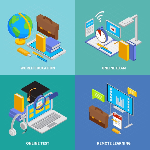 De online pictogrammen van het onderwijsconcept die met de symbolen isometrische geïsoleerde illustratie worden geplaatst van het wereldonderwijs