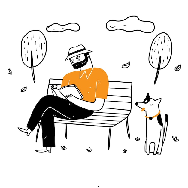 De oude man zit op de parkstoel een boek te lezen in een ontspannen sfeer met zijn hond. Hand tekenen vector illustratie doodle stijl