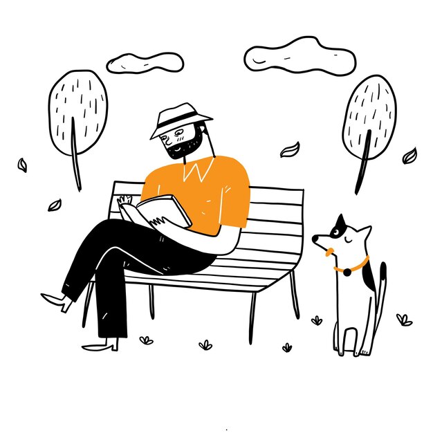 De oude man zit op de parkstoel een boek te lezen in een ontspannen sfeer met zijn hond. Hand tekenen vector illustratie doodle stijl