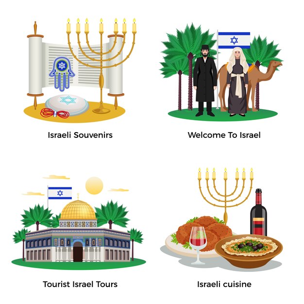 De pictogrammen van het de reisconcept van Israël die met reizen en keuken worden geplaatst isoleerden vlak geïsoleerde illustratie