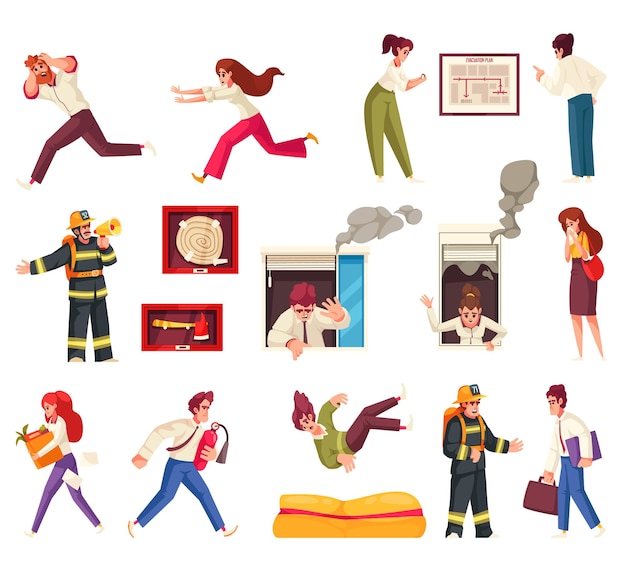 De pictogrammen van het evacuatiebeeldverhaal die met mensen worden geplaatst die aan brandalarm geïsoleerde vectorillustratie ontsnappen