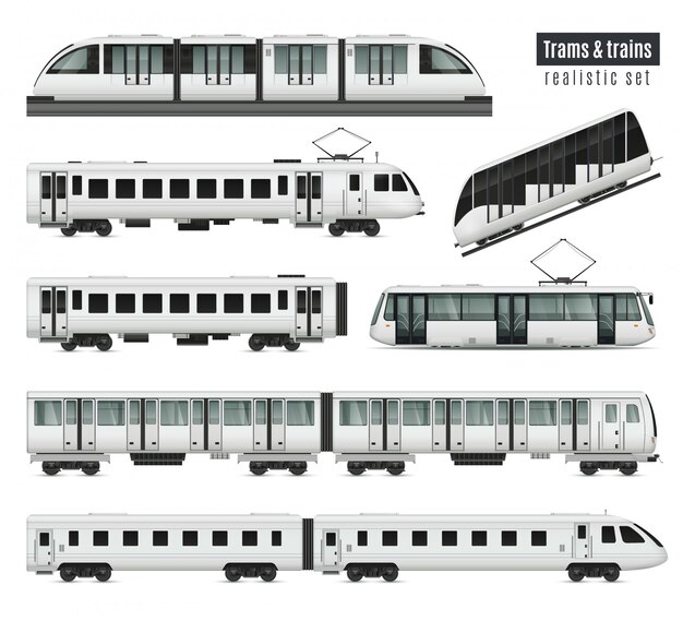 De realistische reeks van de passagierstram met geïsoleerde beelden van de auto's van het openbaar vervoerspoorweg en elektrische trams