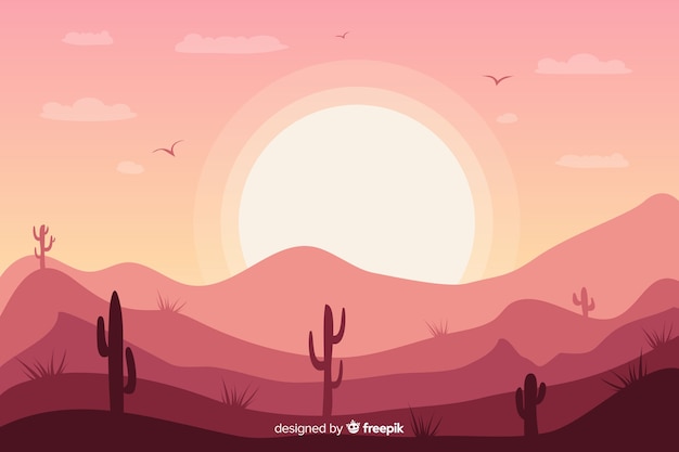 De roze achtergrond van het woestijnlandschap met cactus en zon