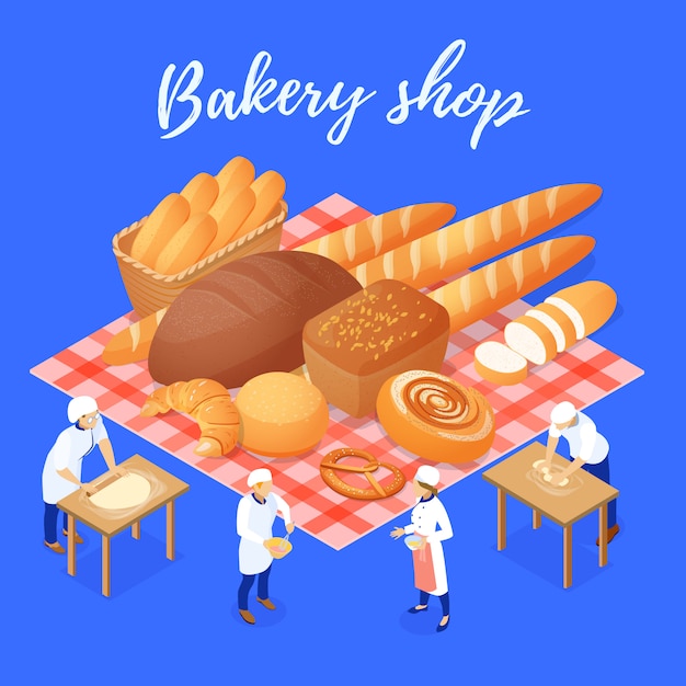 Gratis vector de samenstelling van de bakkerijwinkel met bloemproducten en personeel tijdens het werk isometrische vectorillustratie