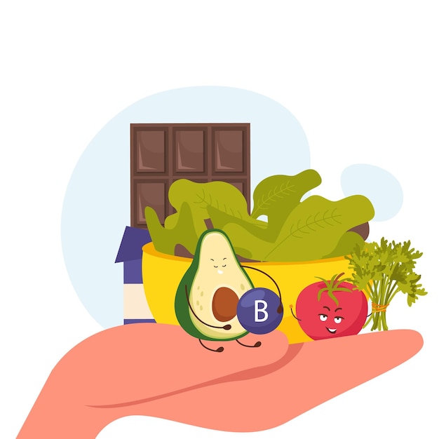 De samenstelling van de beeldverhaalavocado met lege achtergrond en vooraanzicht van de karakters van de menselijke handholding van vruchten vectorillustratie