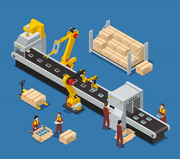 De samenstelling van de elektronikafabriek met ingenieur die robotachtige transportband en arbeiders controleren die productie stapelen