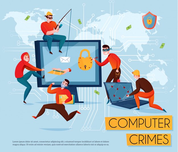 De samenstelling van de hackergroep met de krantekop van computermisdaden en vijf oplichters stelen informatieillustratie