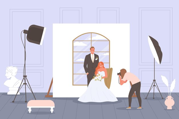 De samenstelling van de huwelijksceremonie met het landschap van de binnenfotostudio en de fotograaf die schoten maakt van de pasgetrouwde stel vectorillustratie