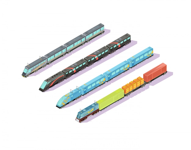De samenstelling van treinen van vier geïsoleerde beelden van isometrische treinsets met de geverniste auto&#39;s en vectorillustratie van de bagage trein