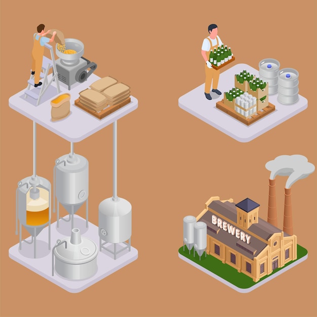 Gratis vector de samenstellingen van de bierproductie die met de bouw van het brouwerijmateriaal worden geplaatst en pakhuisarbeider die flessen verpakken die op kleuren achtergrond isometrische vectorillustratie worden geïsoleerd