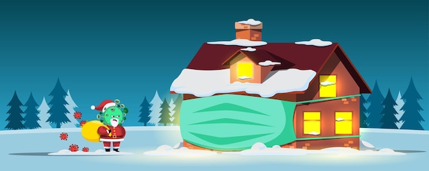 Gratis vector de scène van een huis met gezichtsmasker in een dennenbos sneeuwt en het kerstmanvirus