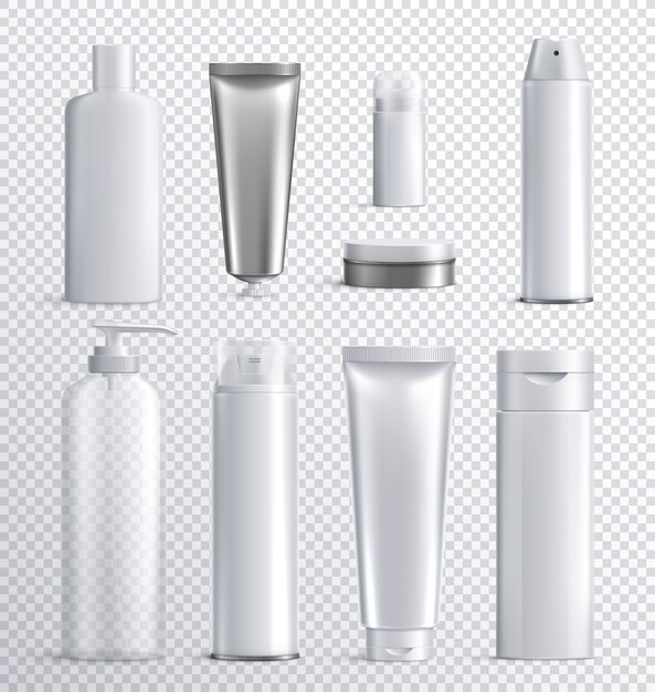De schoonheidsmiddelen van mensen flessen transparant realistisch pictogram dat met transparante achtergrond voor vloeibare nevelshampoo of huidverzorgingillustratie wordt geplaatst