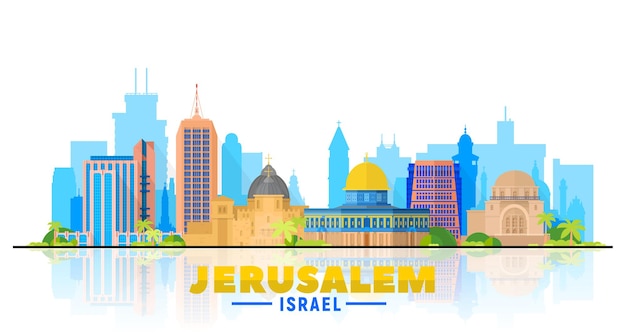 De skyline van Jeruzalem, Israël met panorama op witte achtergrond. Vectorillustratie. Zakelijk reizen en toerisme concept met moderne gebouwen. Afbeelding voor presentatie, banner, website.