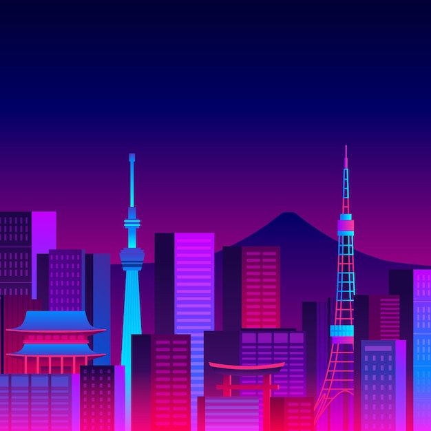 De skyline van verschillende gebouwen tokyo met neonlichten