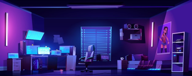 De slaapkamerbinnenland van de tienerjongen, computers op bureau