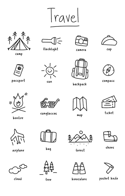 De stijl van de illustratietekening van het kamperen pictogrammeninzameling