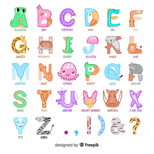 De tekeningsstijl van de illustratie met dierlijk alfabet