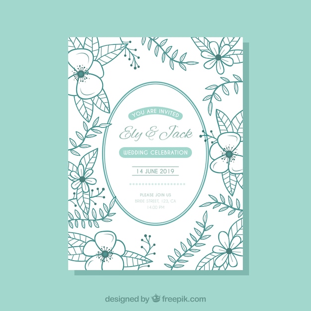 De uitnodigingskaart van het huwelijk met vegetatie in hand getrokken stijl