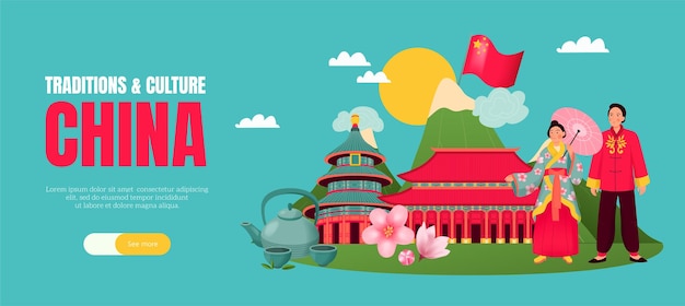 Gratis vector de vlakke affiche van china met landtradities en symbolen vectorillustratie