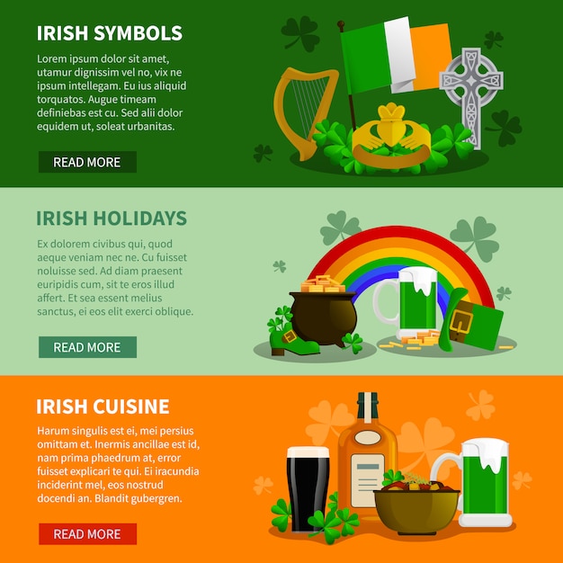 De vlakke banners van ierland met simbols van het festival van heilige patrick en elementen van ierse keuken