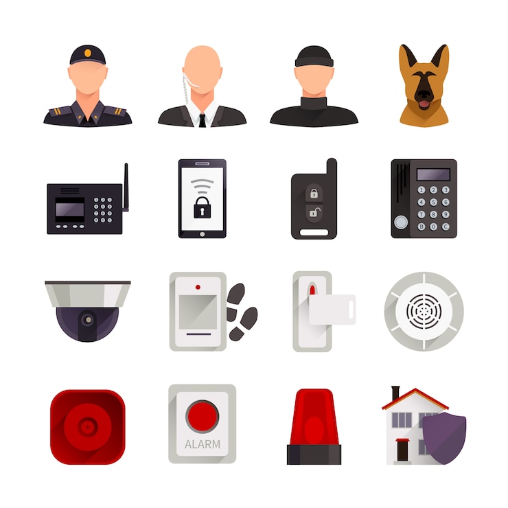 Gratis Vector de vlakke decoratieve die pictogrammen van de huisveiligheid met de video-camera van de wachthond en de digitale elektronische systemen voor huisbescherming worden geplaatst isoleerden vectorillustratie