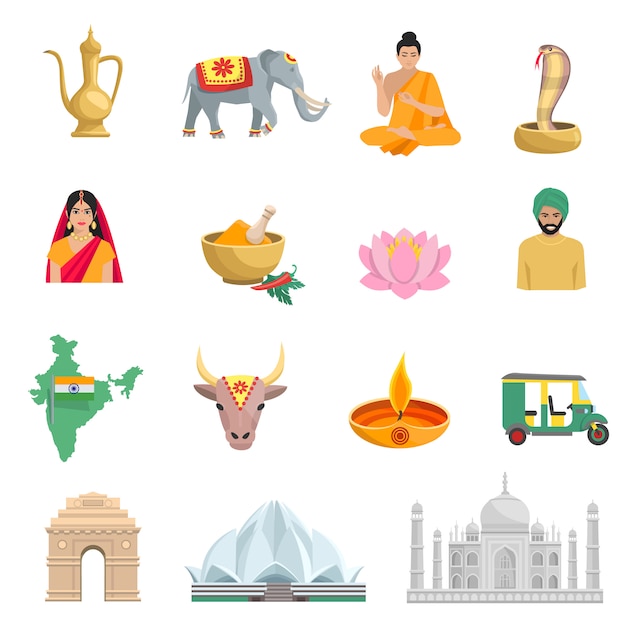 De vlakke die pictogrammen van india met symbolen van cultuur en godsdienst geïsoleerde vectorillustratie worden geplaatst